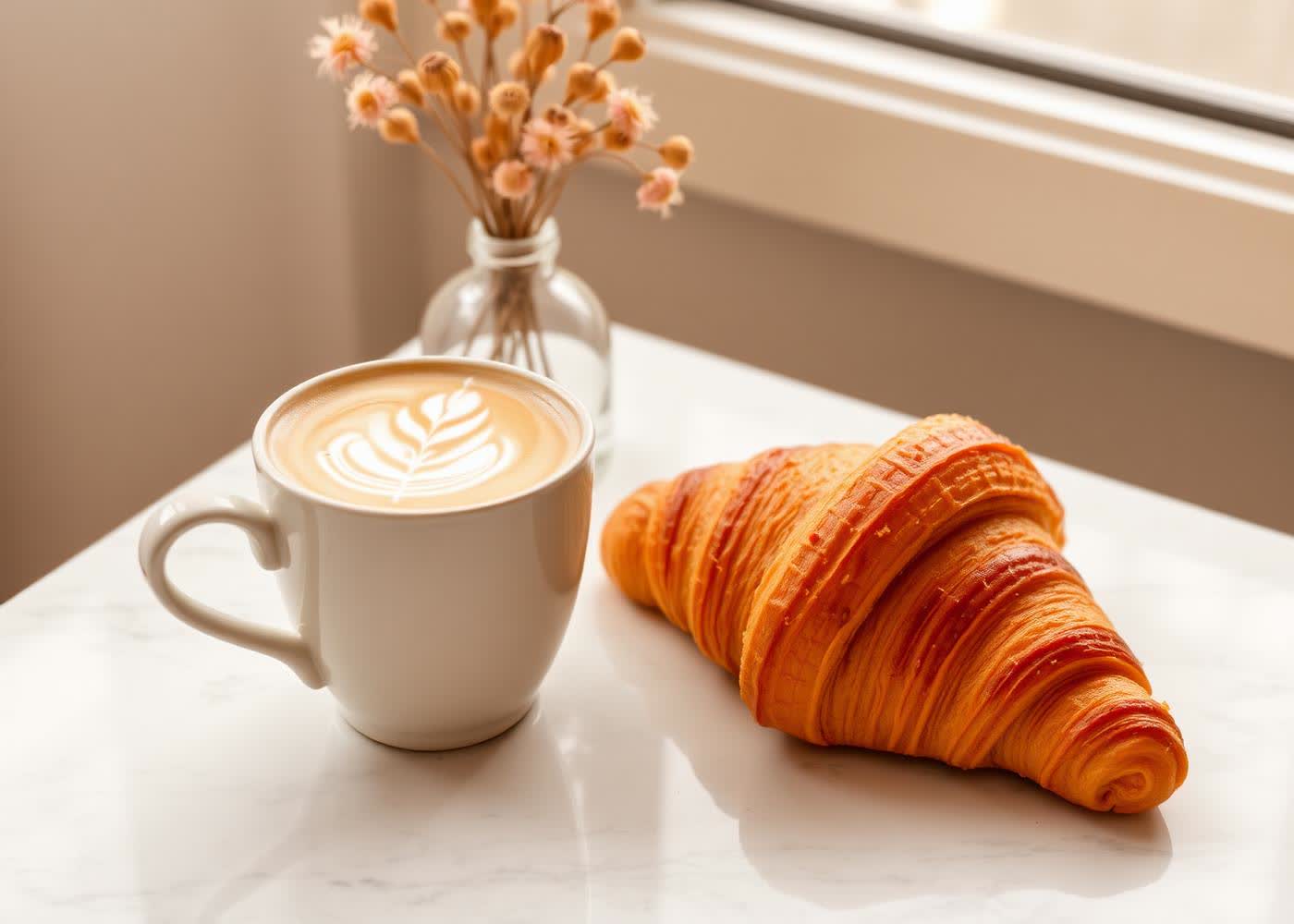 Latte art and pastry on a marble table