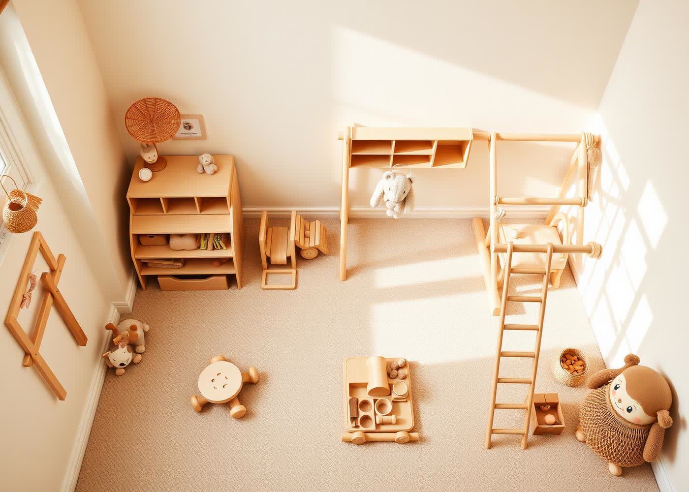 Overhead view of a minimalist play area with wooden toys