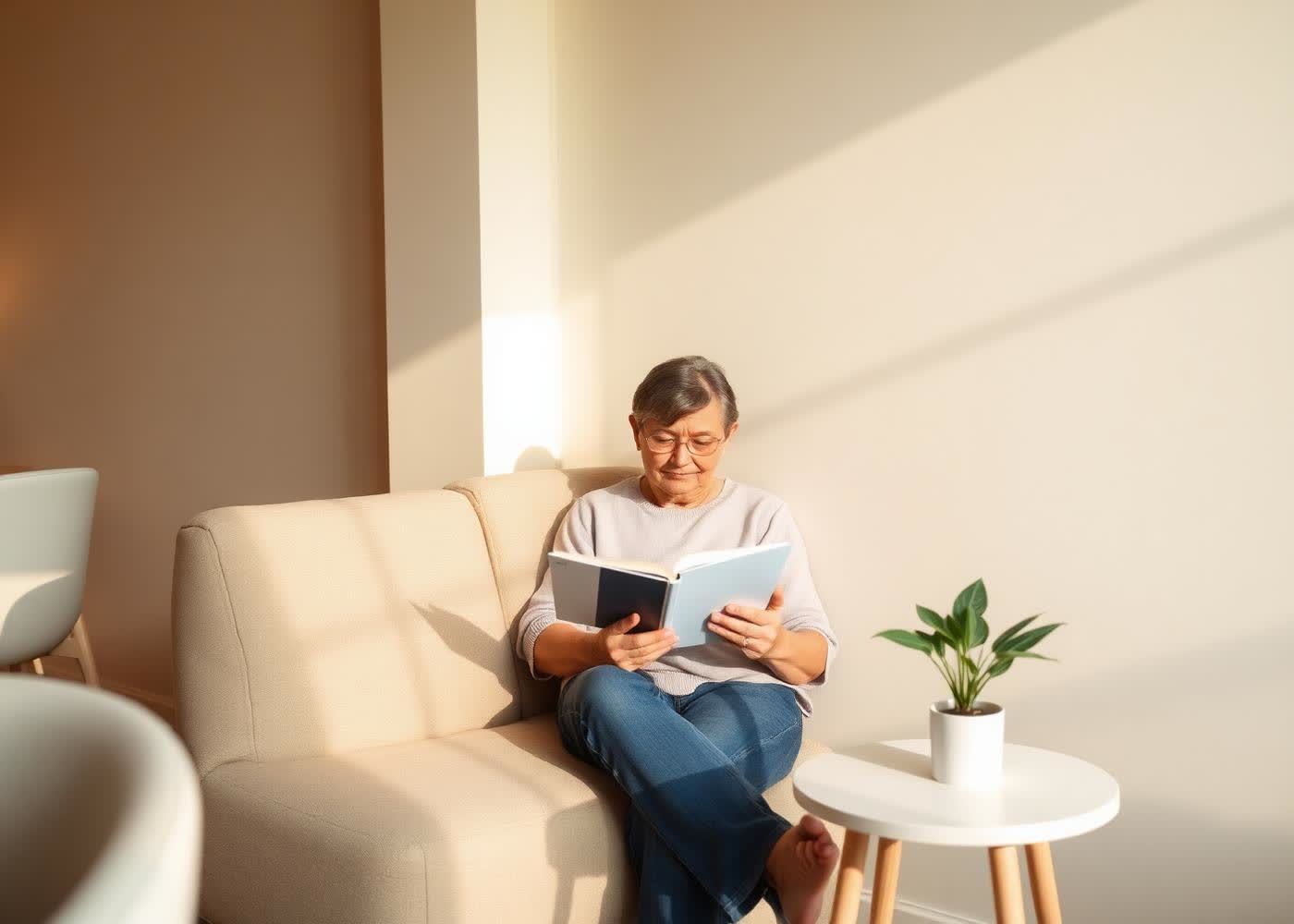 Parent reading on a linen sofa in a bright café