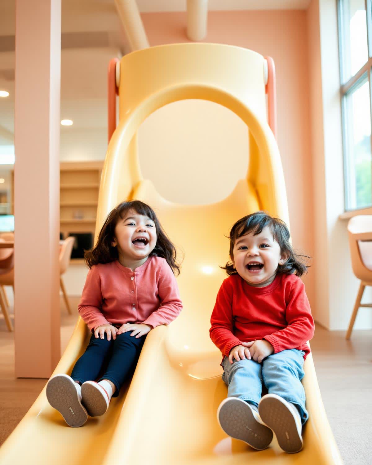 Two children laughing on a slide