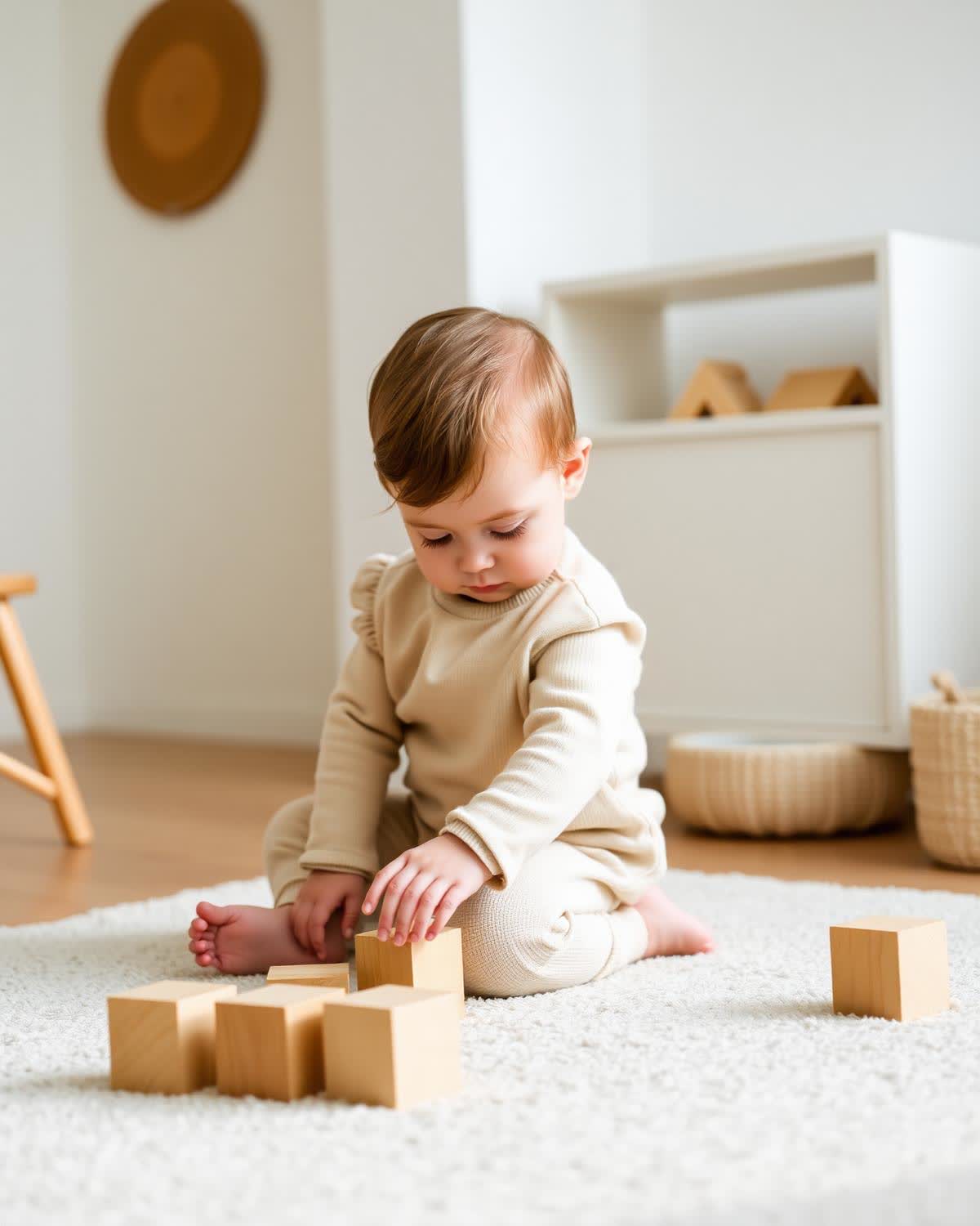 Toddler with wooden blocks